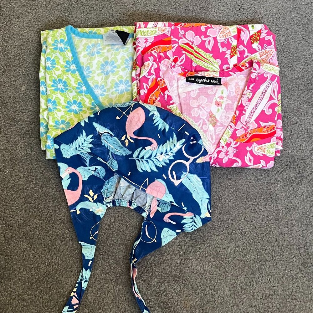2 Hawaiian Tropical Scrub Tops with cap, size XS